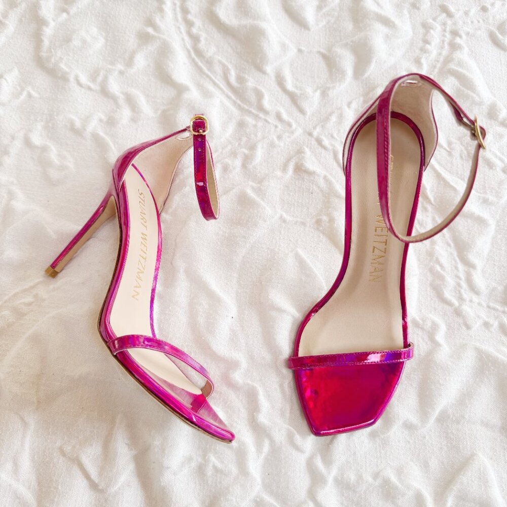 Stuart Weitzman Pink Iridescent Ankle-Strap Stiletto Sandals - Picture 4 of 10